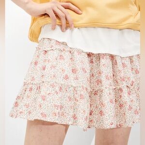 American Eagle Floral Tiered Smocked Mini Skirt in Pink + Cream